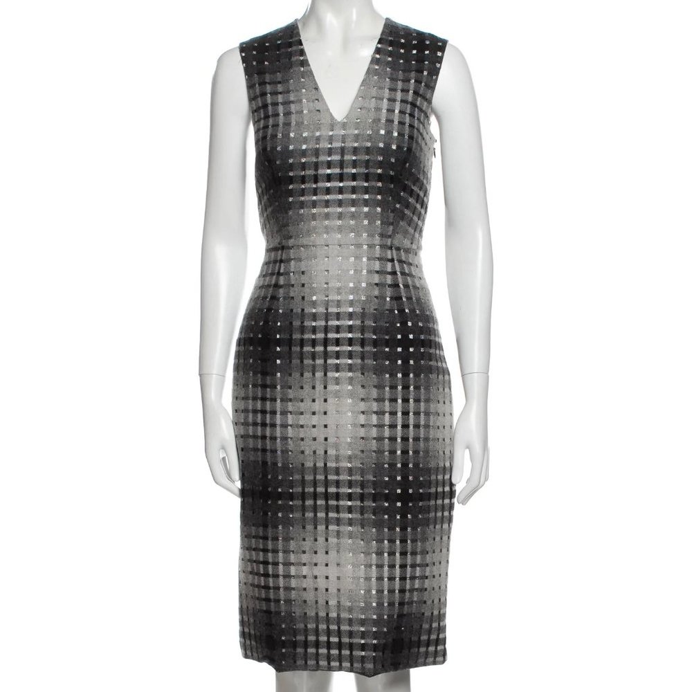 Marco de Vincenzo -- Gray Plaid Virgin Wool Over Metallic Lined Sheath Dress